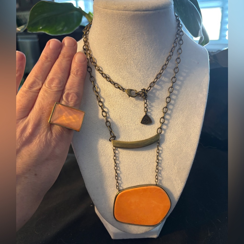 Silpada Brass Layered Necklace with Bright Orange Pendant